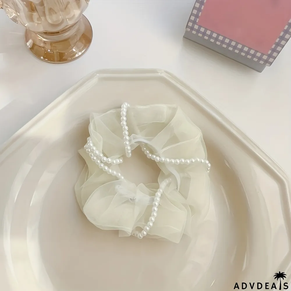 Organza Scrunchies Faux Pearl Chain Twisted Hair Rope Simple Style Hair Ring Elegant Ponytail Holder Hair Tie Women Girls Hair Accessories