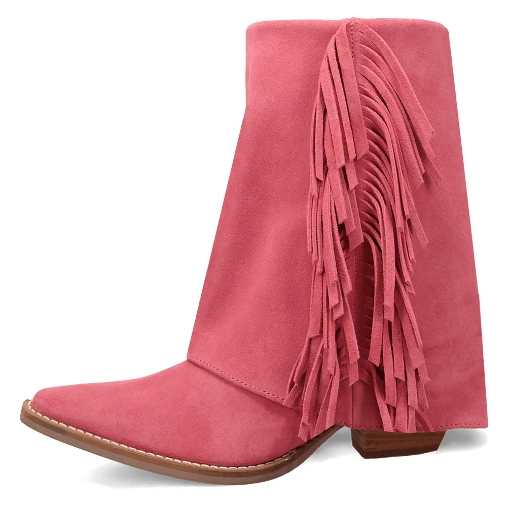 Vegan Suede Chunky Heel Almond Toe Fringe Cowgirl Boots in Pink