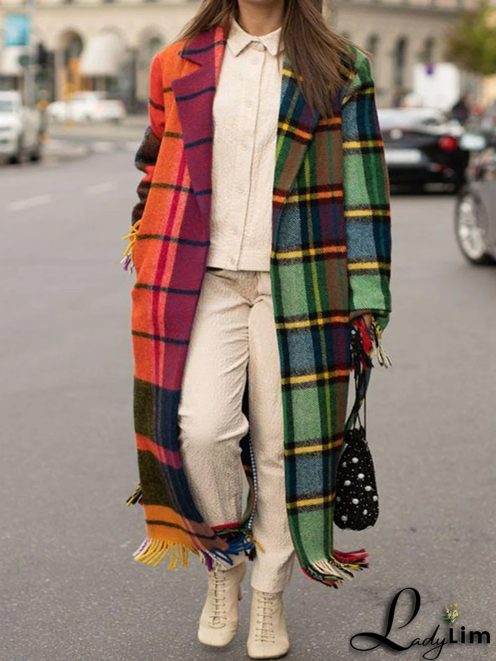 Daily Plaid Colorblock Lapel Collar Fringed Hem Worsted Trench Coat