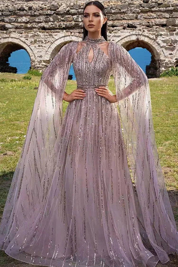 Evening Gown Pink Mesh Sequin Cape Sleeve Maxi Dress