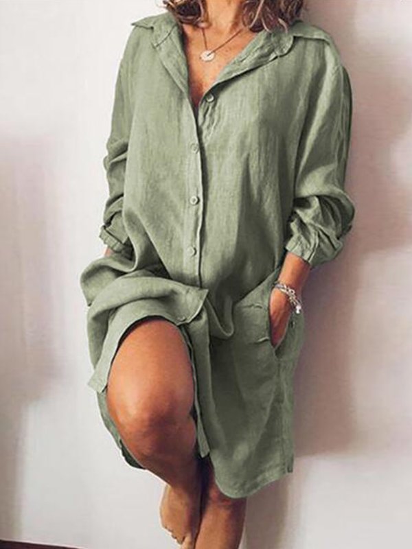  thdmladies Womens Casual Pure Color Cotton Shirt Dress thedmladies