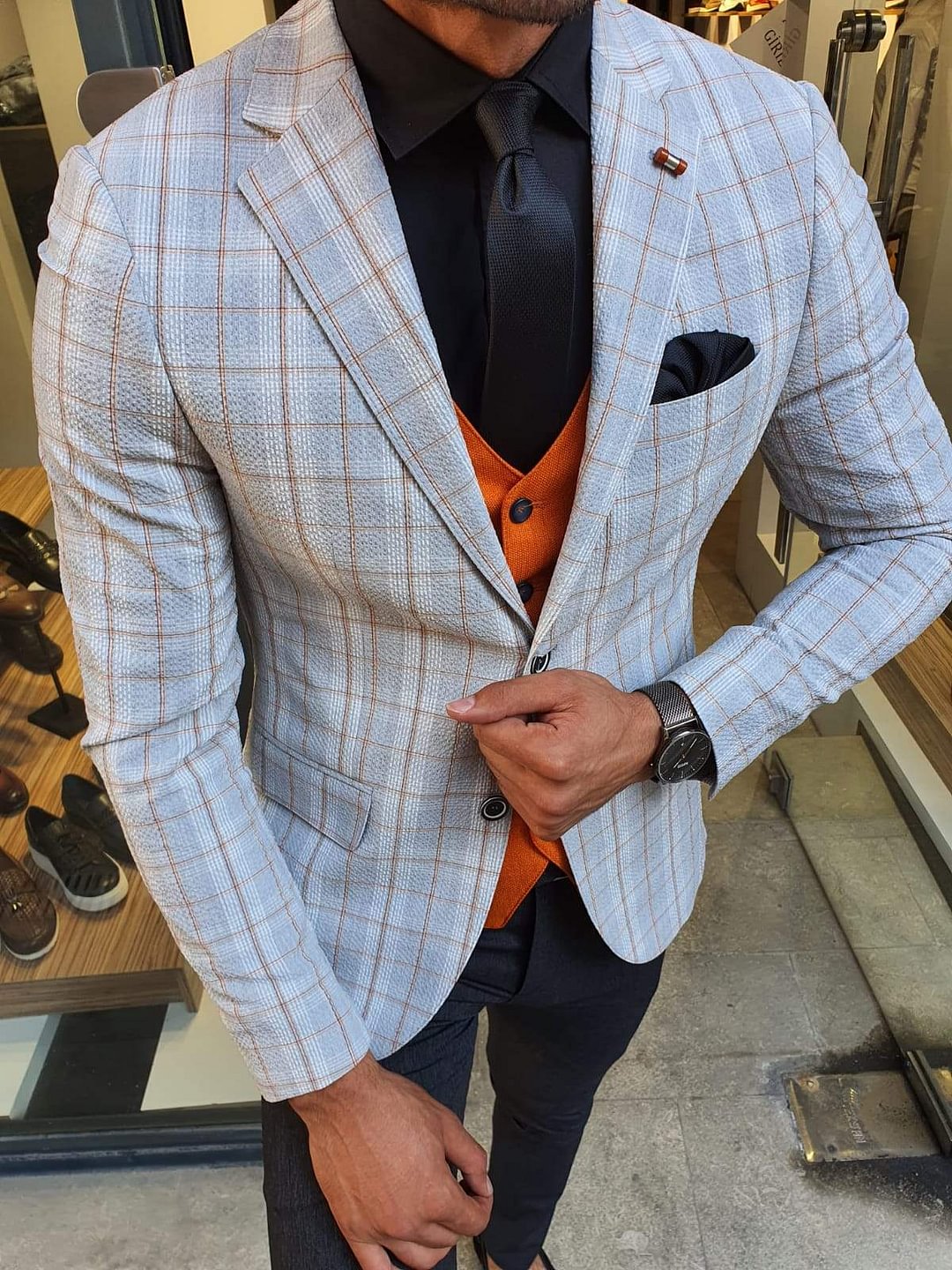 Verno Gray Plaid Slim Fit Blazer Only