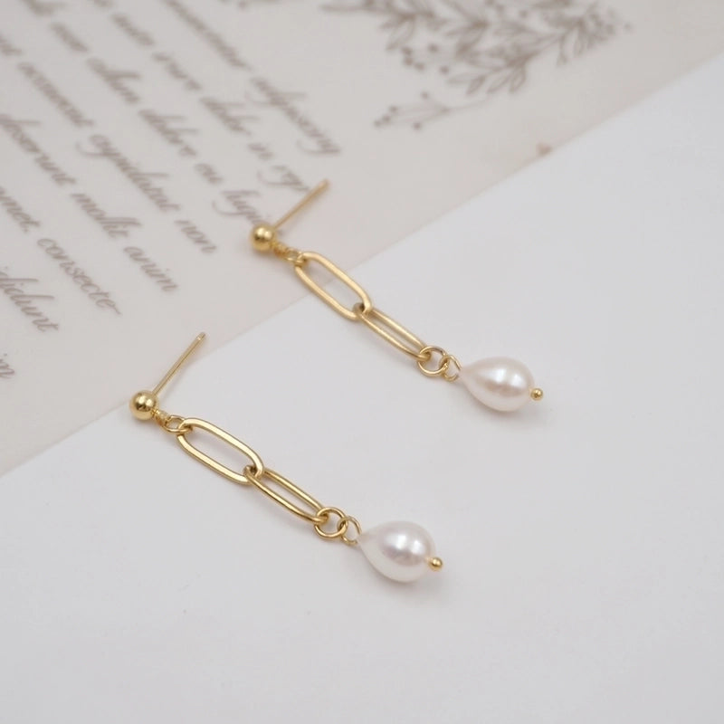 1 Pair Casual Vintage Style Minimalist Geometric Handmade Freshwater Pearl Titanium Steel Gold Plated Drop Earrings