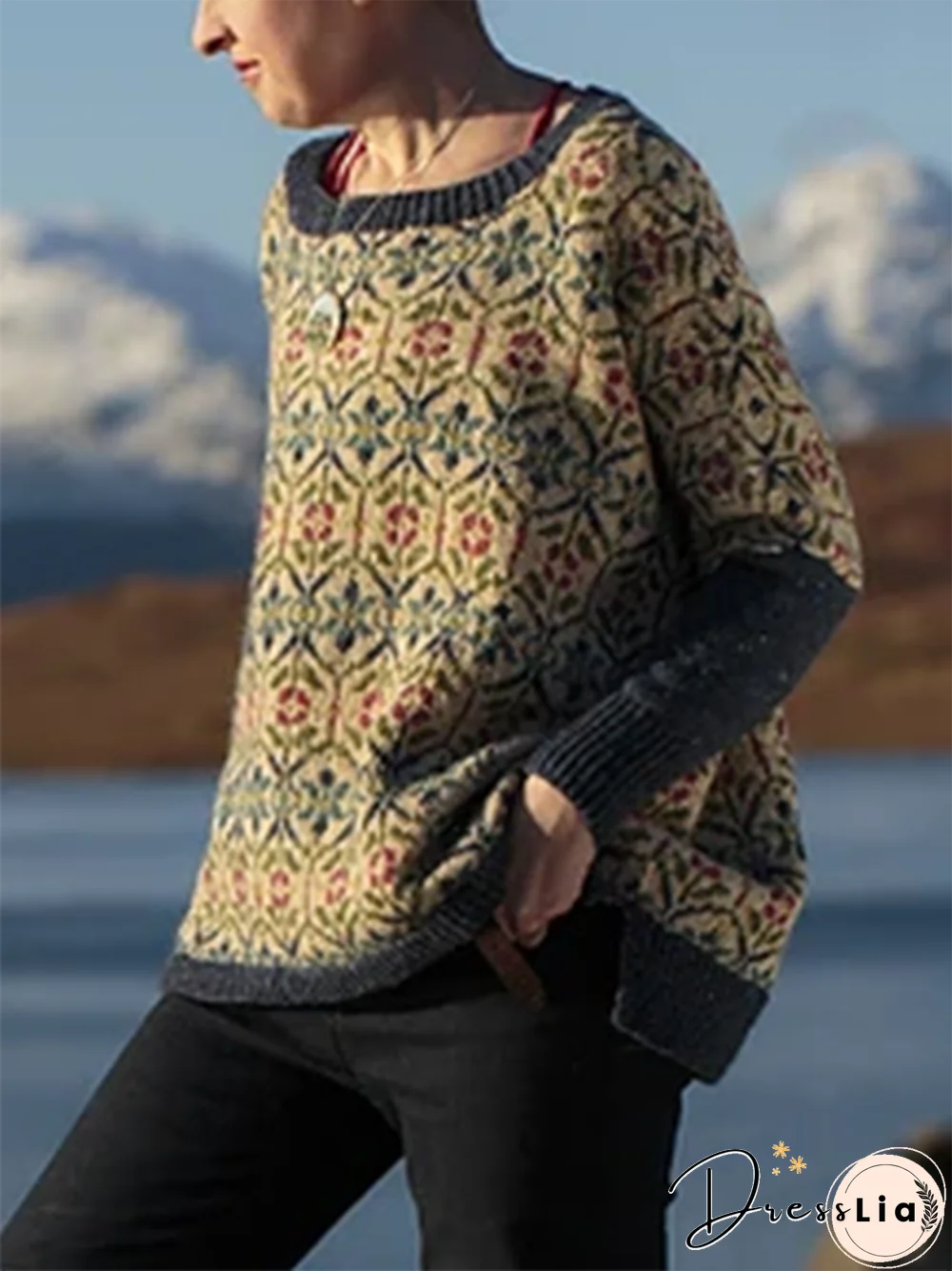 Khaki Long Sleeve Acrylic Sweater