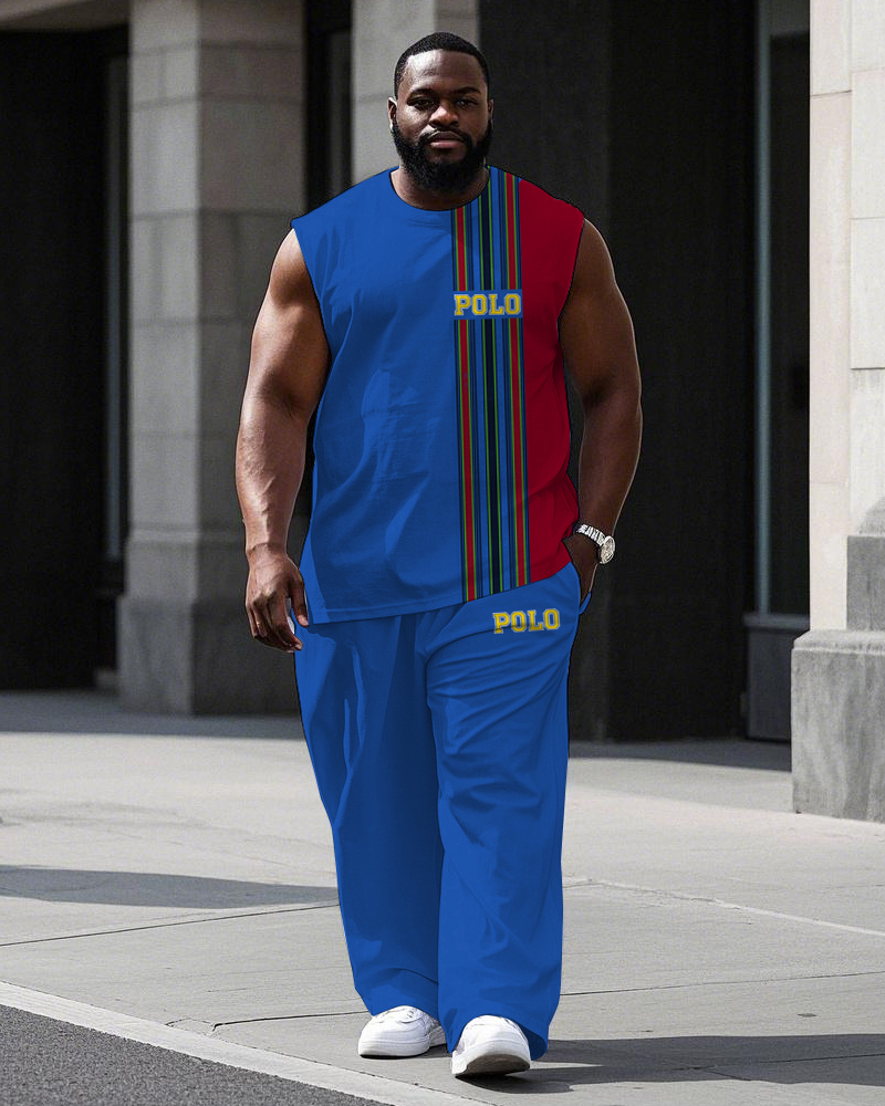 Men's Big Size Splicing Red Color Block Stripe Letter POLO Printed Sporty Vest and Pants Set