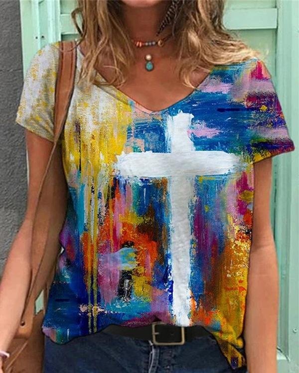 Graffiti Cross Painting Print V Neck T-shirt - Chicaggo
