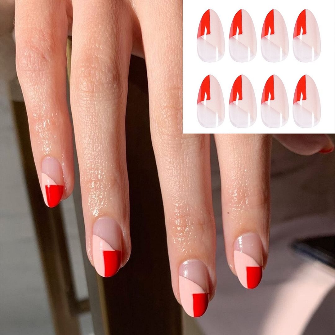 24pcs fake nails french manicure Water red hypotenuse wear nail finished acrylic products wearable full cover fake nail tips