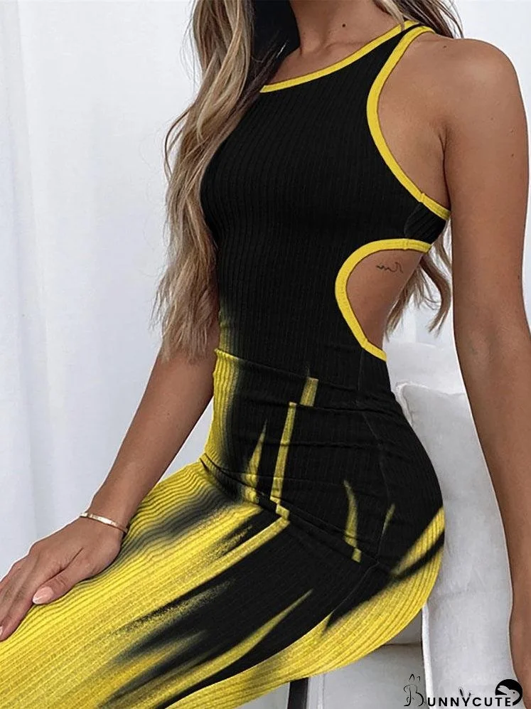 Printed Sleeveless Hollow Tight Dress