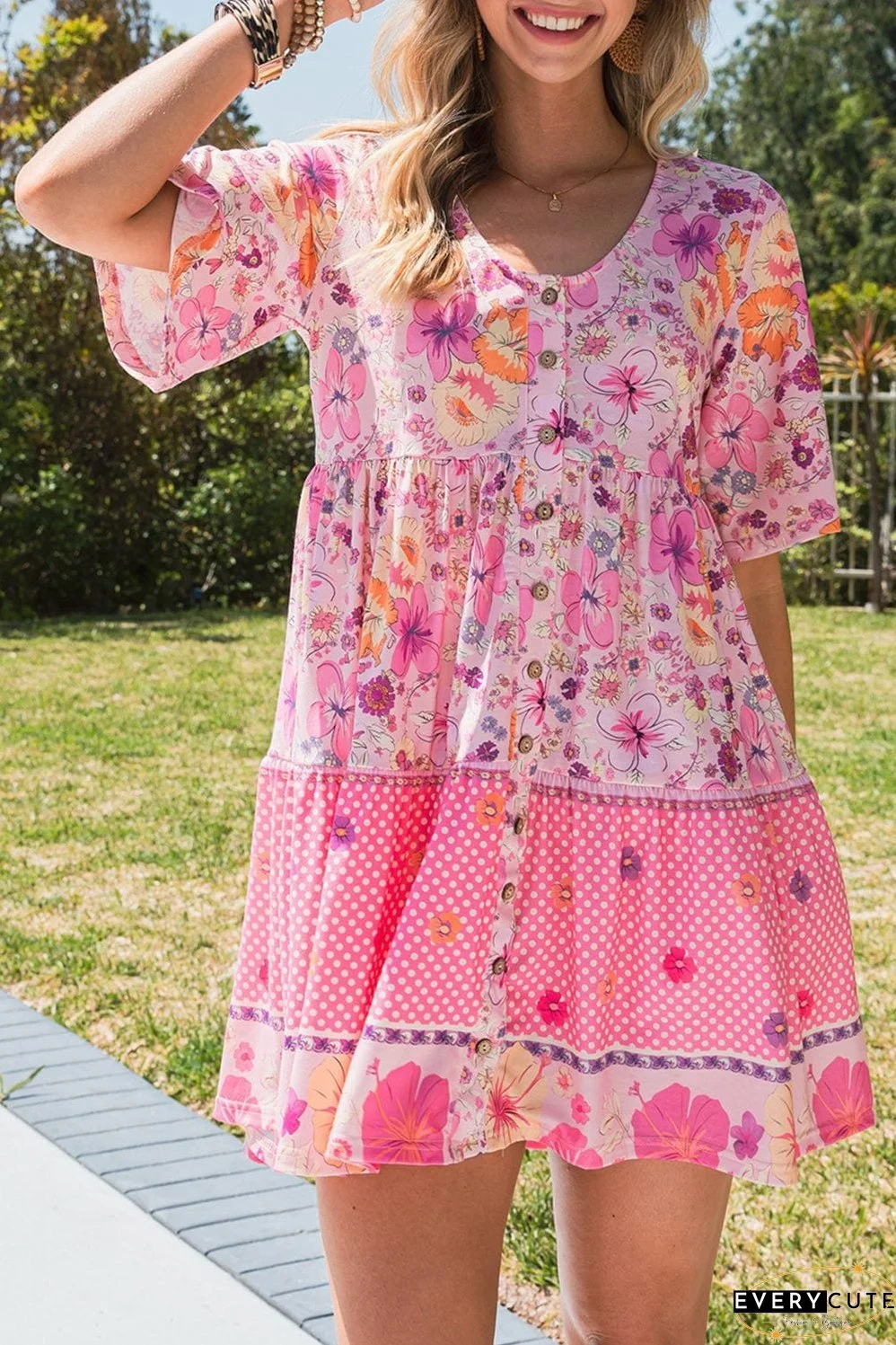 Floral Polka Dot Buttoned Mini Dress
