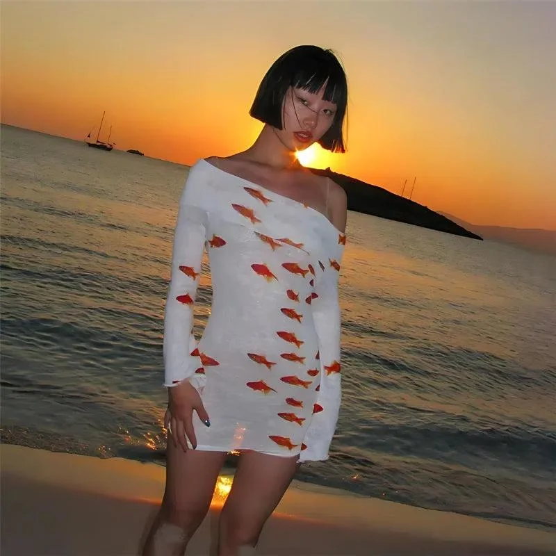 Brownm Fish Printed Mesh Mini Dress