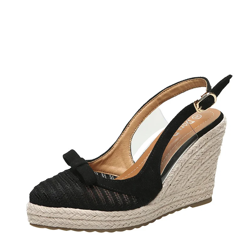 Wongn Wongn Sandals Women 2023 New Fashion Grass Braided Platform Tou Single Shoes Bow Button High Heels