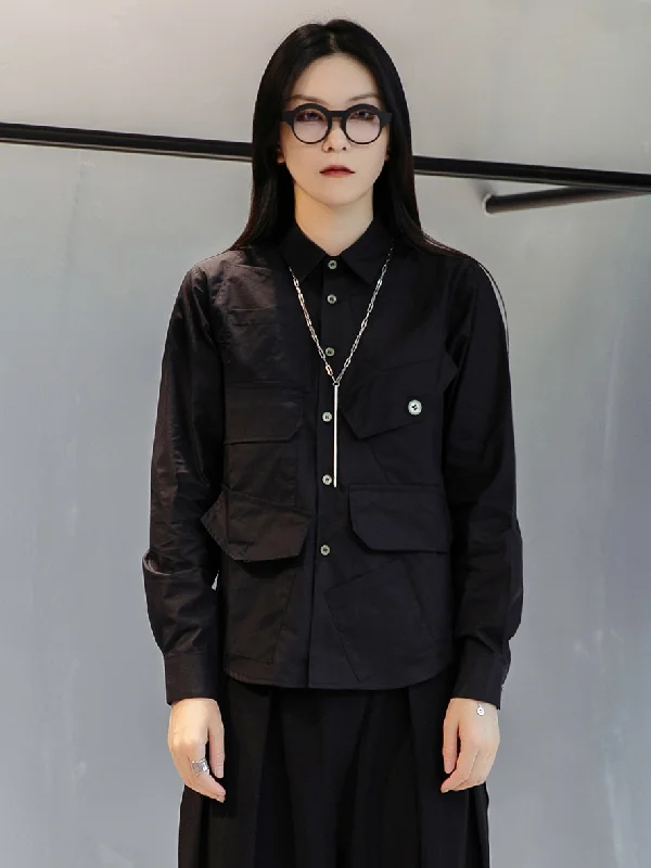 Simple Black Lapel Pockets Blouse