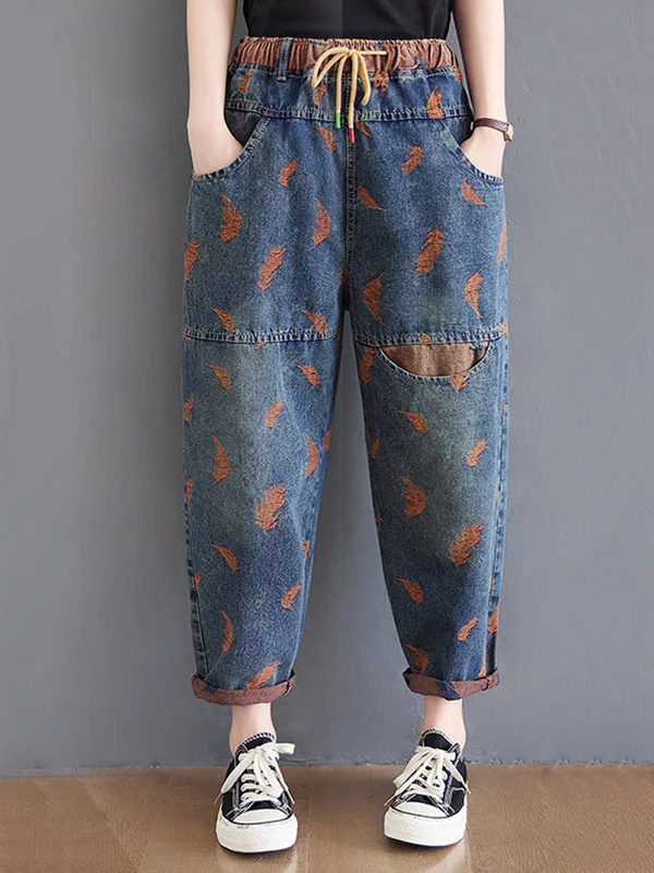 Casual Drawstring Jacquard Harem Jean Pants