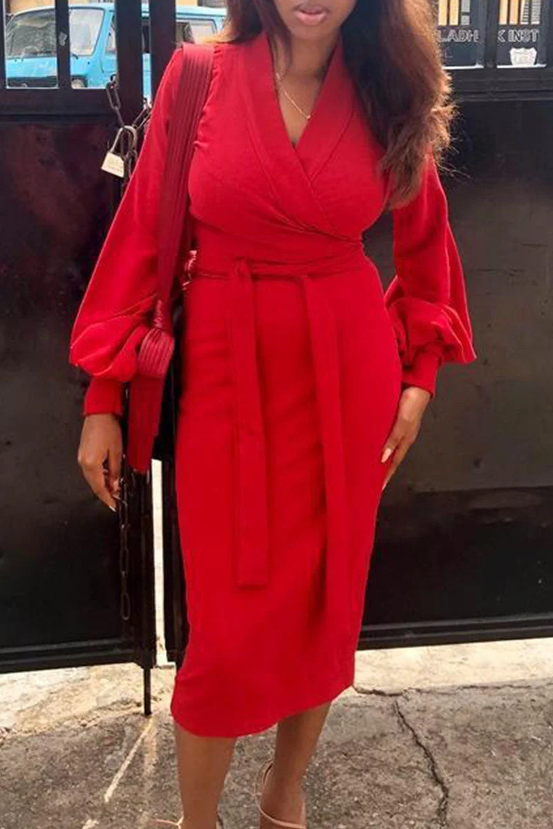 Casual Solid Split Joint V Neck One Step Skirt Dresses