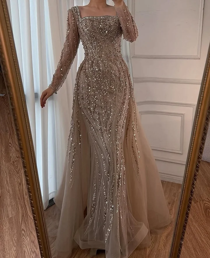 long sleeve prom dress with train Mermaid Long Sleeves Split Front Prom Dresses With Detachable Train   YESBABYONLINE