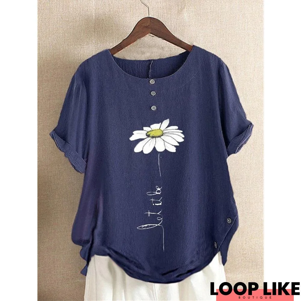 Blue Casual Floral-Print Round Neck T-shirt