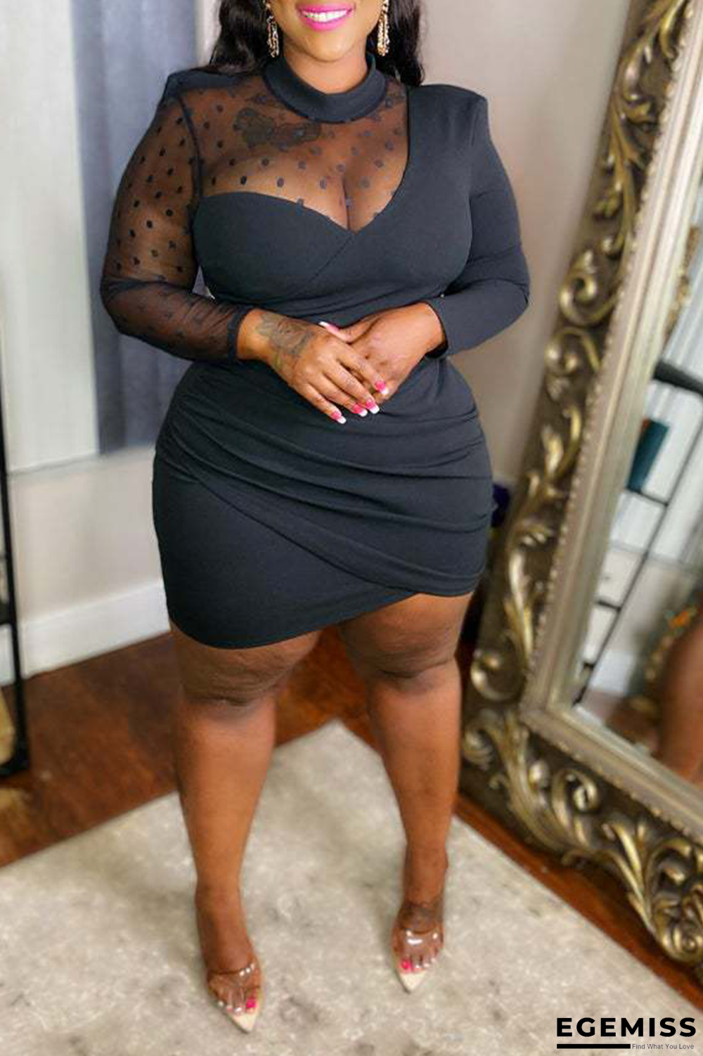 Black Sexy Print Mesh Half A Turtleneck Pencil Skirt Plus Size Dresses | EGEMISS