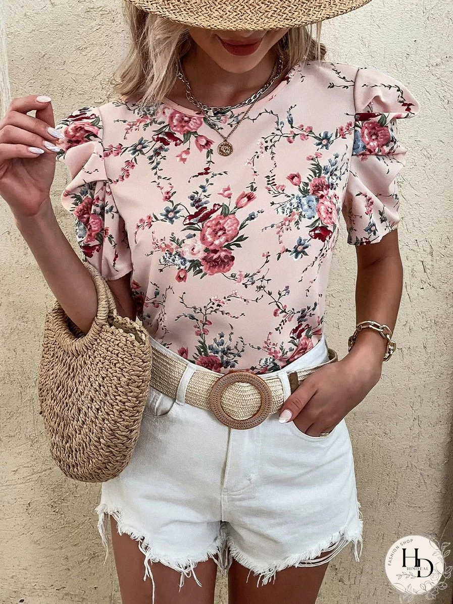 Round Neck Printed Puff Sleeve Back Cutout Top Short Sleeves