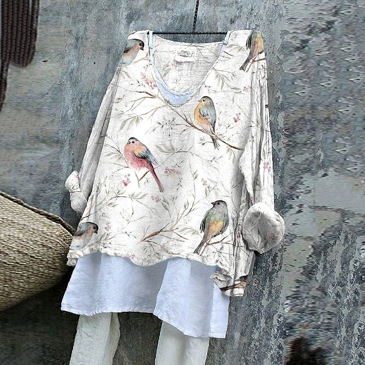 Flower And Bird Art Print V-Neck Loose Blouse