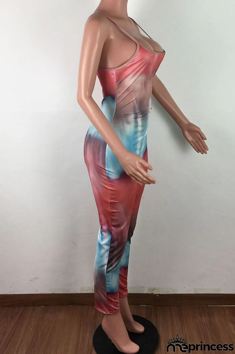 Blue Fashion Sexy Tie-dyed Sleeveless Slip Jumpsuits