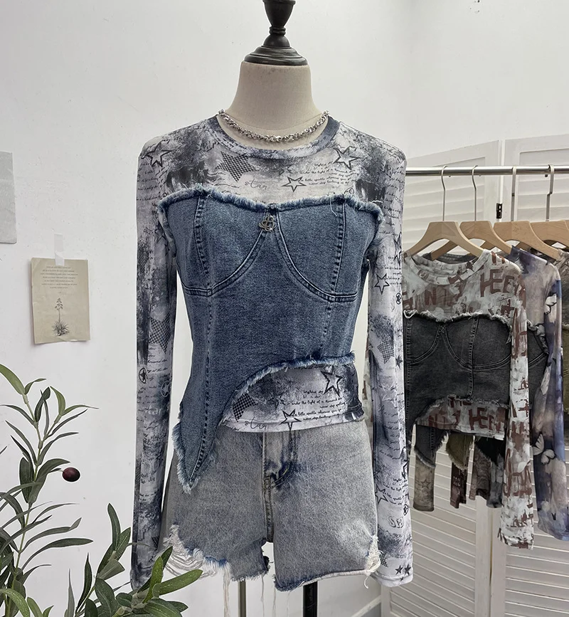 Uveng Solid Shooting Tie-Dye Print Spliced Denim T-Shirt Girl Autumn Design Sense Irregular Hair Side Short-Sleeved Top 2617