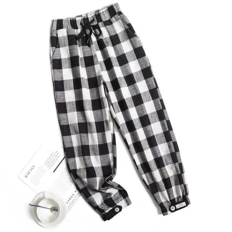 Plaid Pants Women Ankle-length Casual Harem Trousers Womens Drawstring Loose Elegant Thin Chic Stylish Office Ulzzang All-match