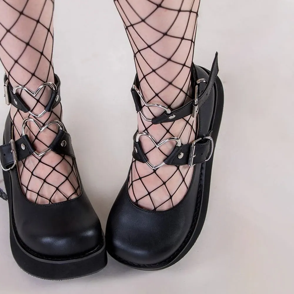 Black Round Toe Wedge Heel Ankle Strap Mary Jane Platform Shoes