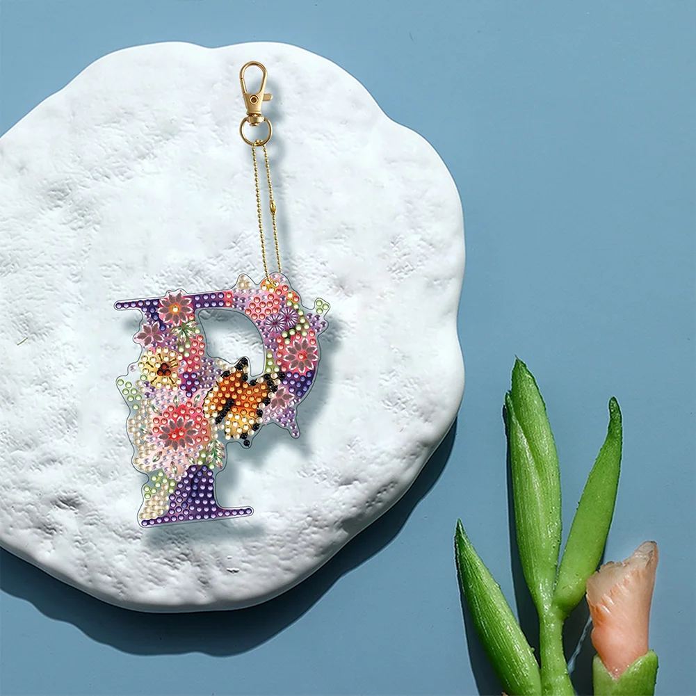DIY P Diamond Art Key Rings Lettter Keychain Supplies Gift for Kids(Double Sided)