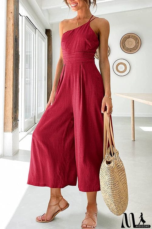 MidiSono - One Shoulder Straps Wide Leg Jumpsuits