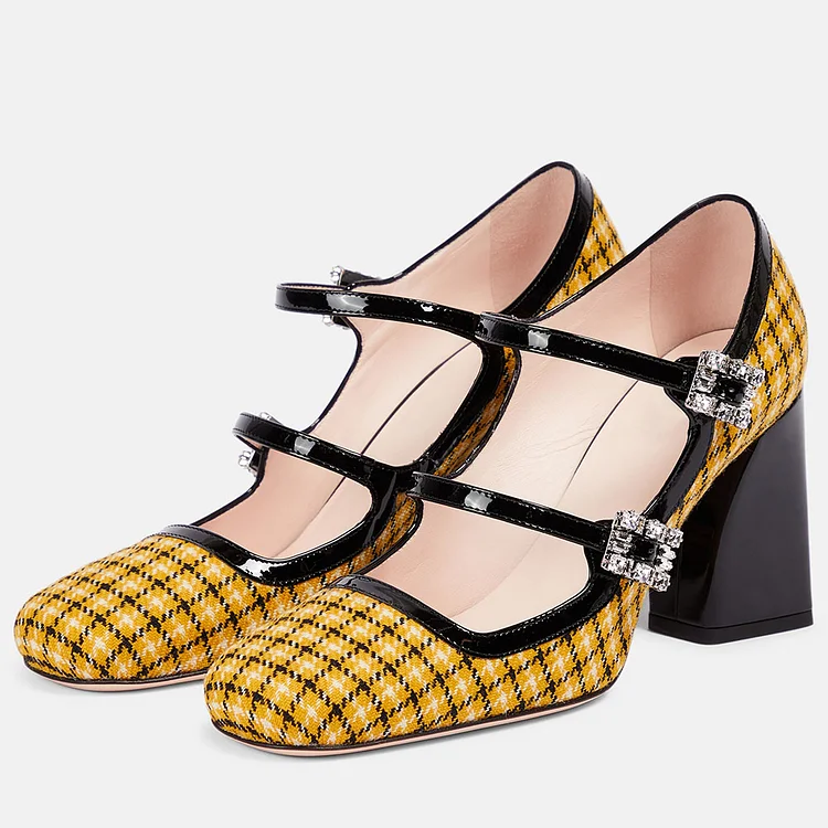 Women's Yellow Checkered Crystal Buckle Mary Janes High Heels Shoes |FSJ Shoes
