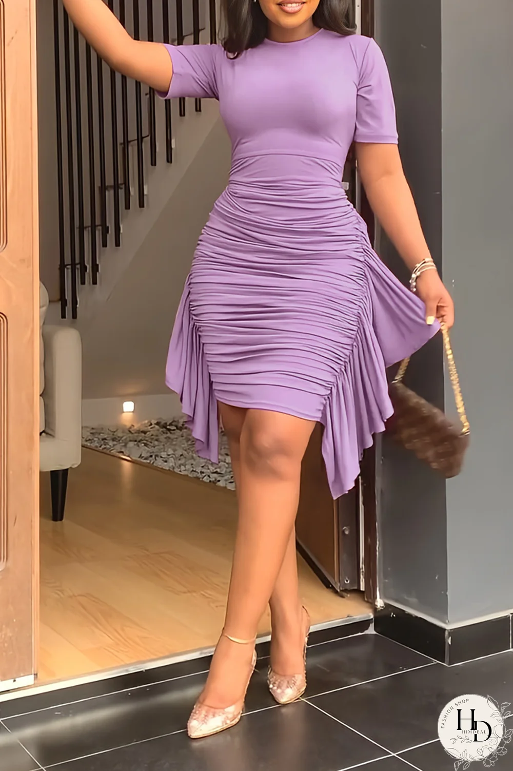 Sky Blue Fashion Solid Flounce Fold O Neck Pencil Skirt Dresses