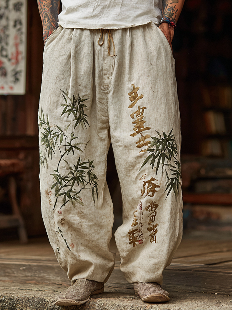 Japanese Retro Bamboo And Calligraphy Line Art Design Men's Casual Linen Long Pants  artssus