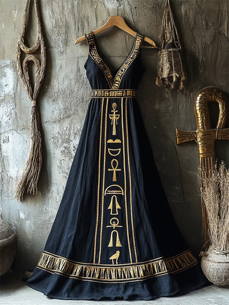 Ankh Ancient Egyptian Embroidered Linen Maxi Dress