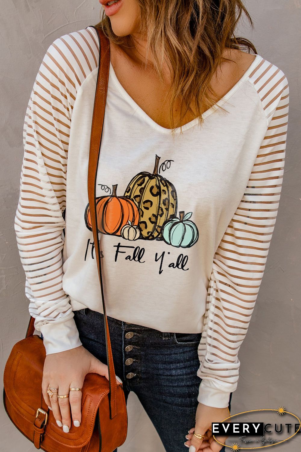 White Cute Fall Pumpkin Graphic Sheer Striped Long Sleeve Top