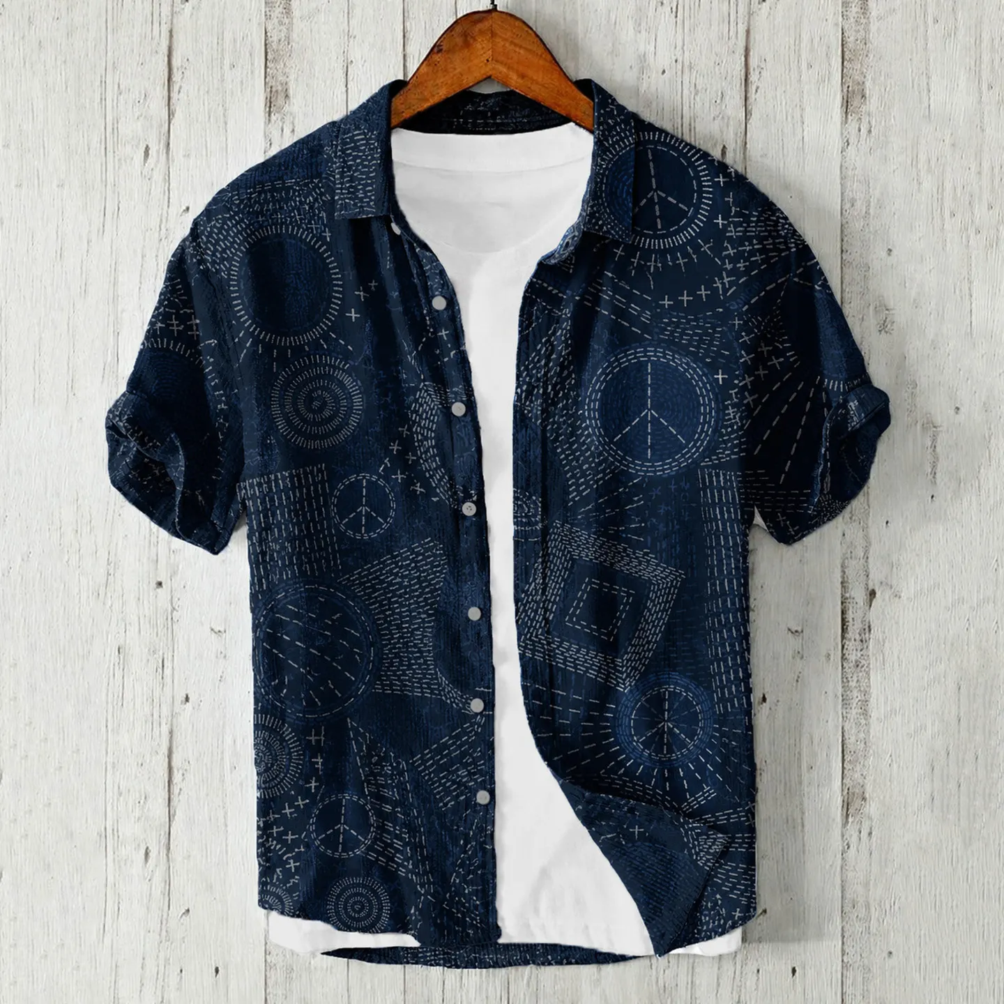 Comstylish Men's Hippie With Japanese Traditional Sashiko Art Linen Blend Shirt