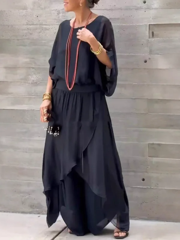 Chic & Comfy Chiffon Loose Top+Slit Wide-Leg Pants 2-Piece Sets