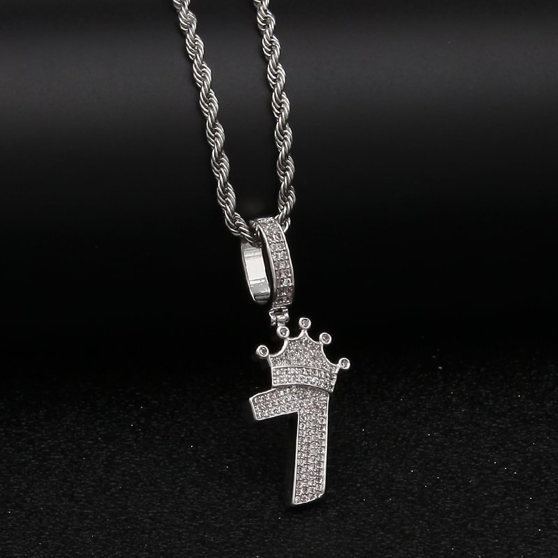 Bling Number 7 With Crown Necklace Full Iced Cubic Zircon Pendant-VESSFUL