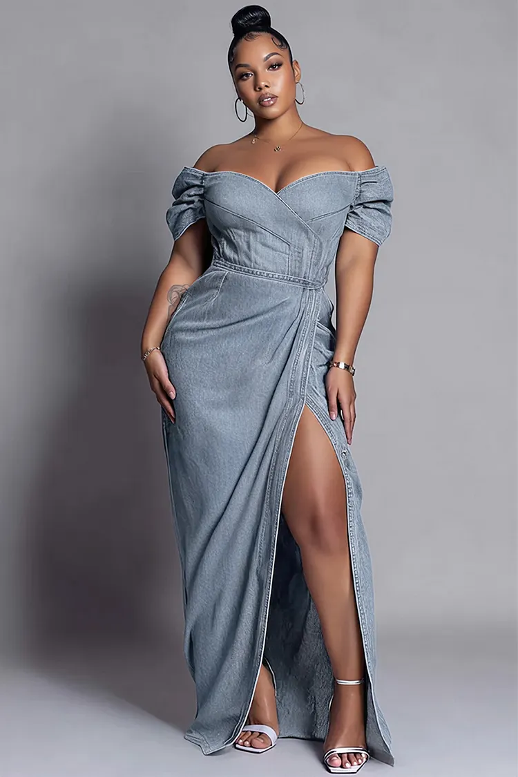 Xpluswear Design Plus Size Party Blue Off The Shoulder Split Tencel Denim Maxi Dresses 2024 - Xpluswear