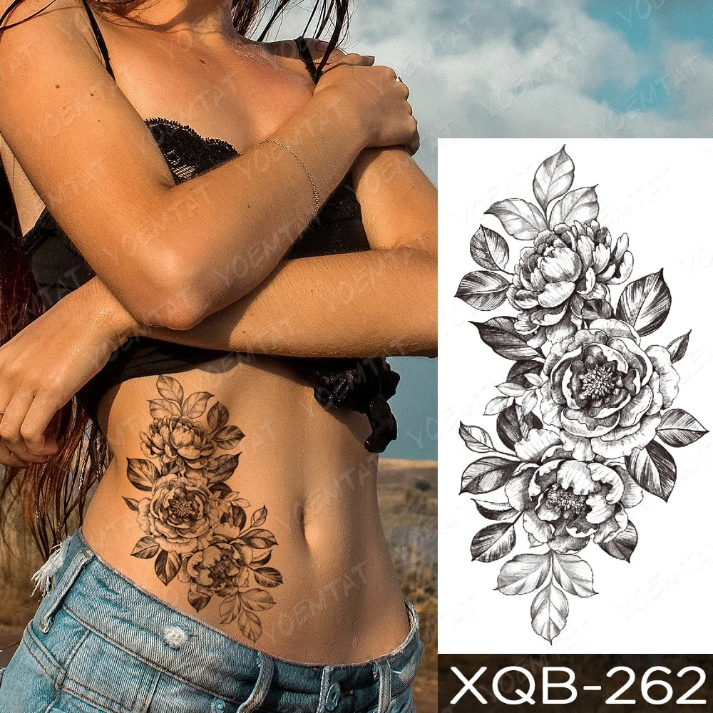Waterproof Temporary Tattoo Sticker Orchid Flower Tattoos Peony Lotus Lines Painted Rose Body Art Arm Fake Sleeve Tatoo Women