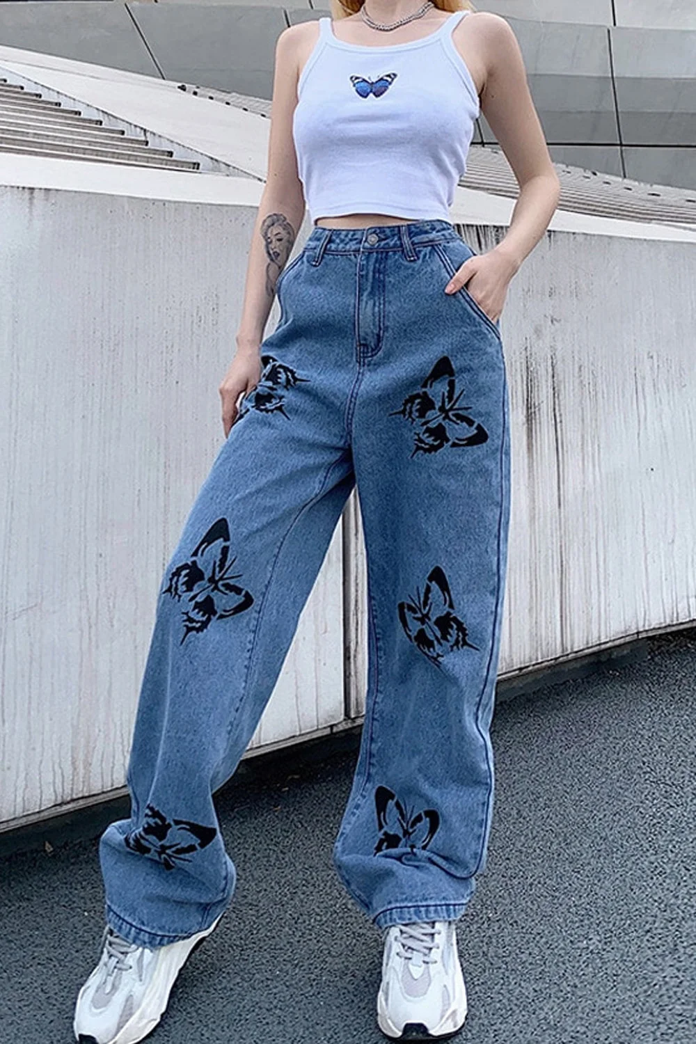 Abebey-Graduation gift, dressing for the Coachella Valley Music Festival,High Waist Butterfly Printed Loose Jeans Pants