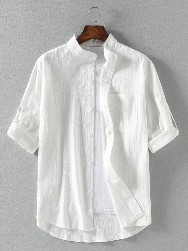 Men's Roll Tab Button Half Sleeve Stand Collar Pocket Shirt