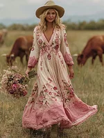 Boho Floral Embroidered Lace Patchwork Flowy Maxi Dress