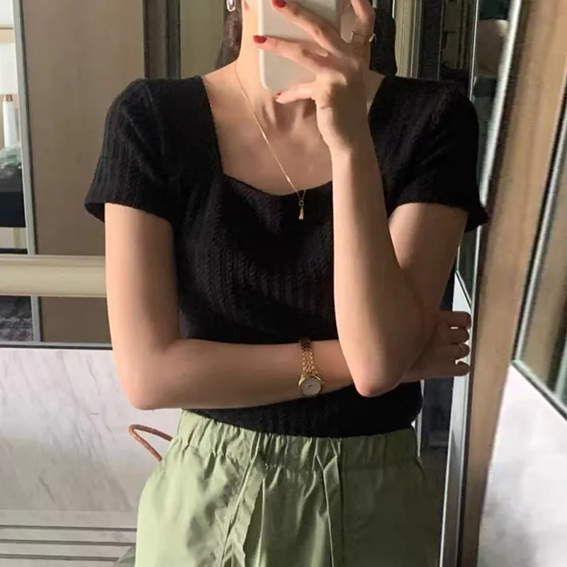 Churchf Churchf Chic Summer French Sweet Square Collar Dew Collarbone Texture Slim Slim Short Knit Jacket Female