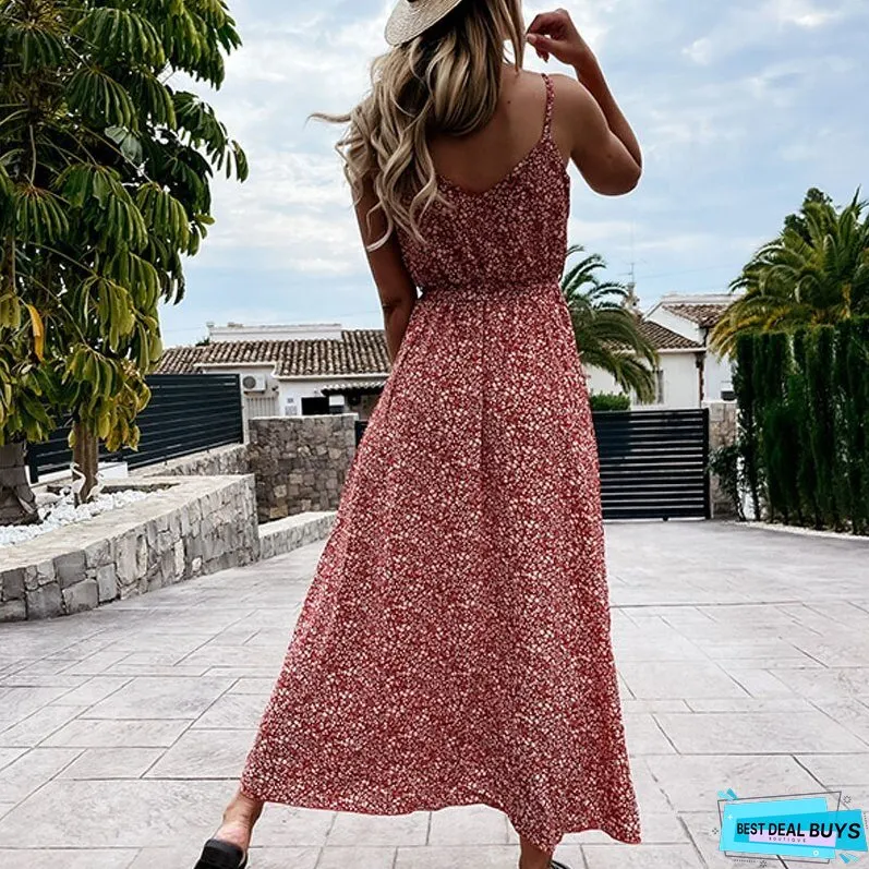 Sexy Wrap Neck Sling Long Dress Spring Floral Print Straps Maxi Party Women Summer
