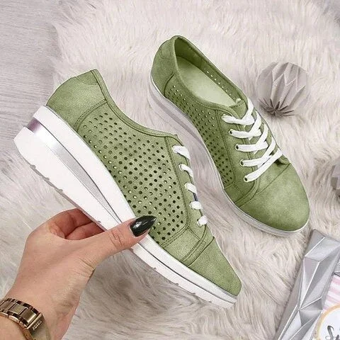 2021 Women Sneakers New Spring Pointed Toe Mesh Canvas Sneakers Casual Breathable Platform Wedge Shoes Meddle Heel Pump Shoes