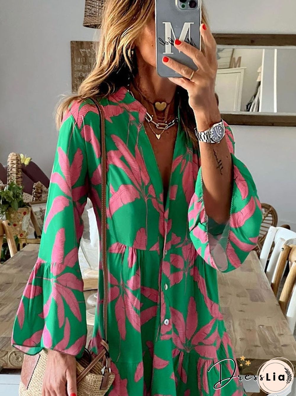 Fashion Summer Women Dress Casual Summer A Line Printed Dress Ladies Long Flared Sleeve Bohemian Beach Cover Up Sundress