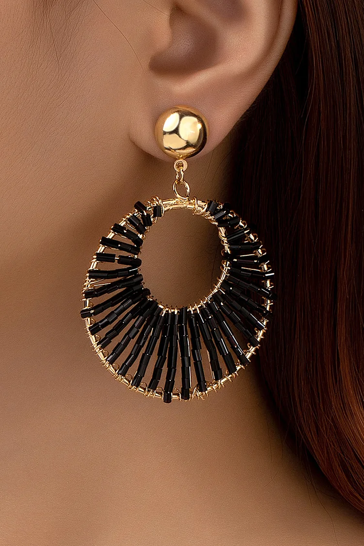 Fashion Black Beaded Circular Clip Earrings 2024 - Xpluswear