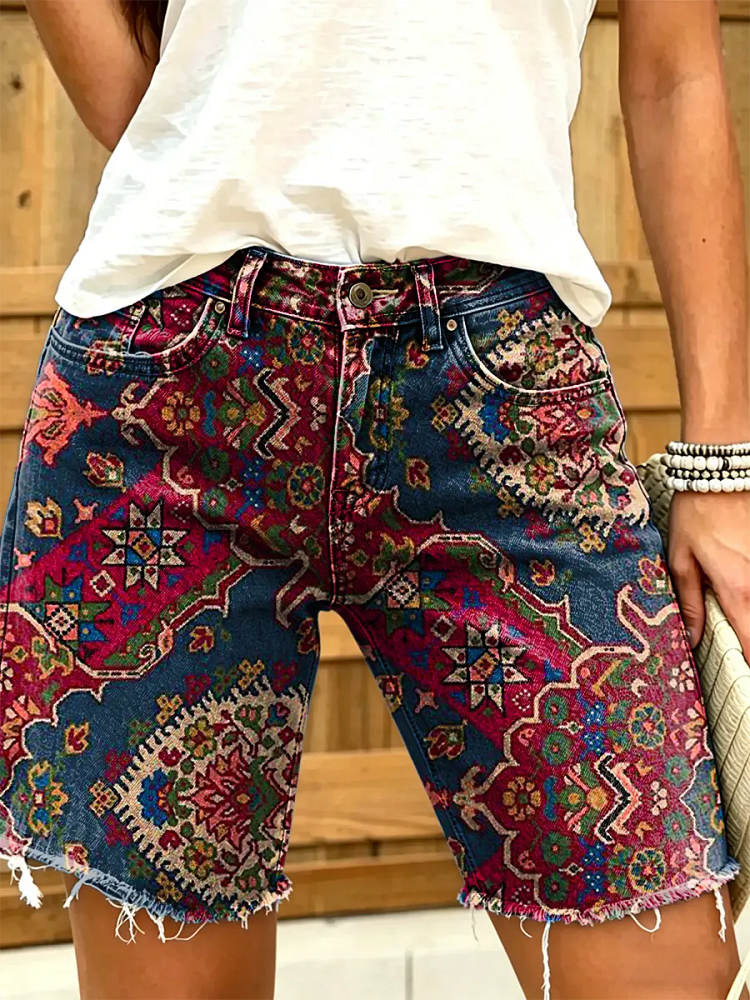 Women's Vintage Floral Print Denim Shorts