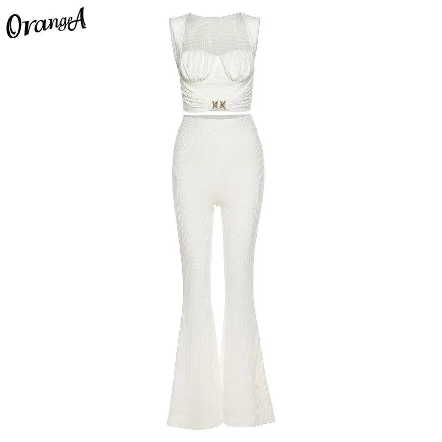 OrangeA Elegant Women Solid Ribbed Knitted Matching Set Strapless Top Boot Cut Pant Two Piece outfit High Street Casual clubwear
