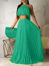 Stylish Condole Belt Pleated Halterneck Two Pieces Set